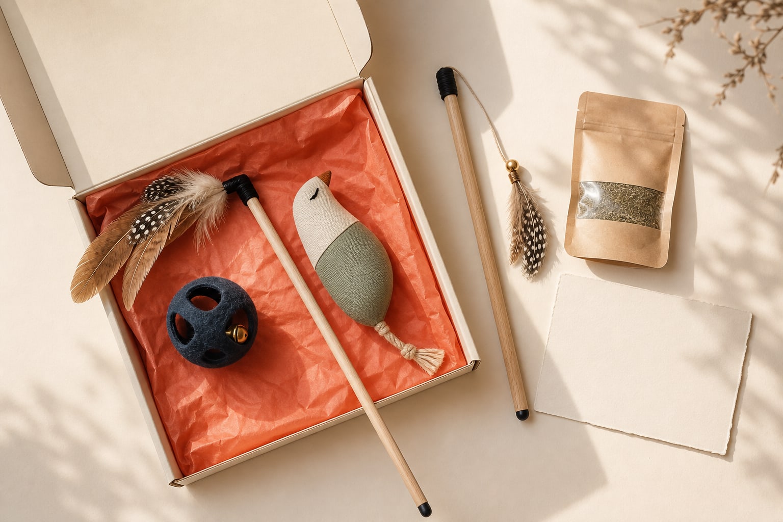 Exemple de box avec une canne à plumes, une souris, une balle et de la cataire